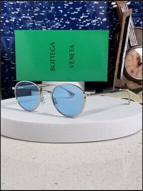 Bottega Veneta Silver Round Blue Lens Sunnies